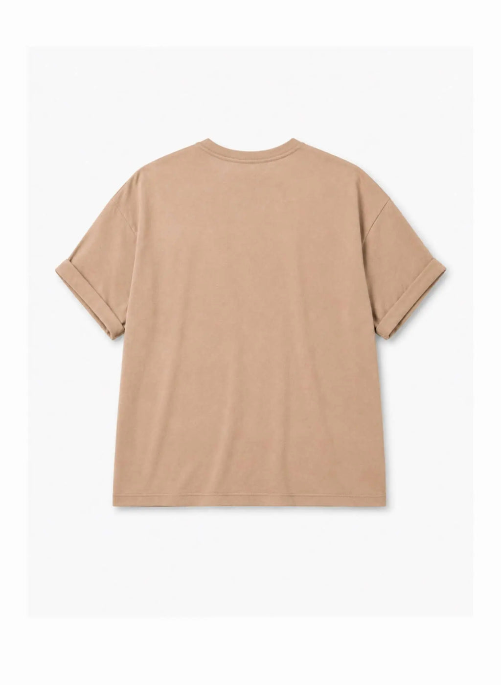Men's sand cotton t-shirt back view showcasing relaxed silhouette and sleeves.