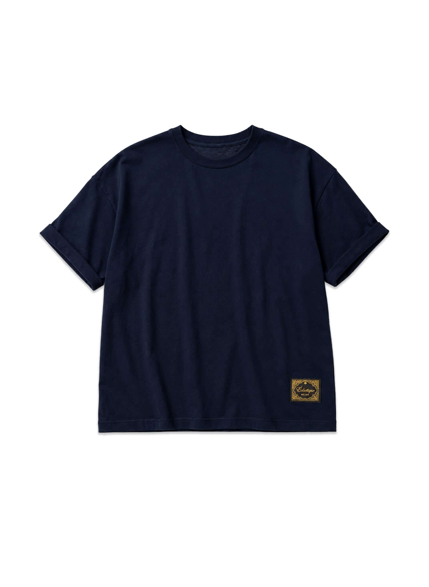 Japanese Made Essential Cotton T-shirt in deep navy with clean crew neckline and rolled sleeves, featuring signature woven label.