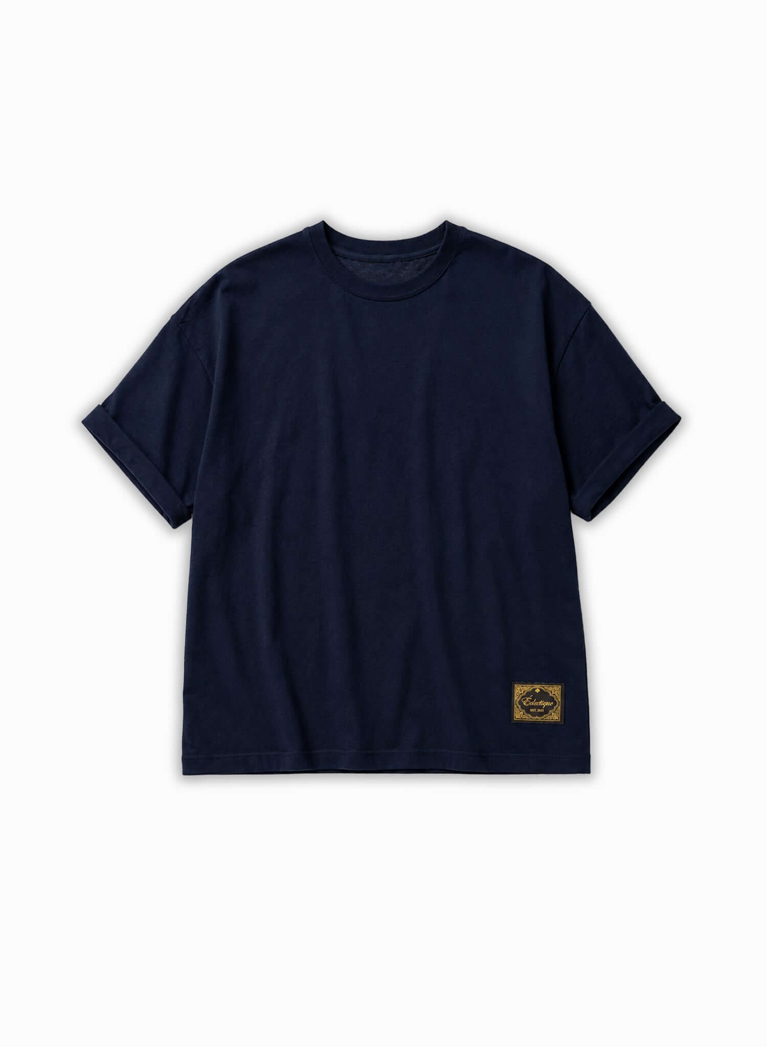 Japanese Made Essential Cotton T-shirt in deep navy with clean crew neckline and rolled sleeves, featuring signature woven label.