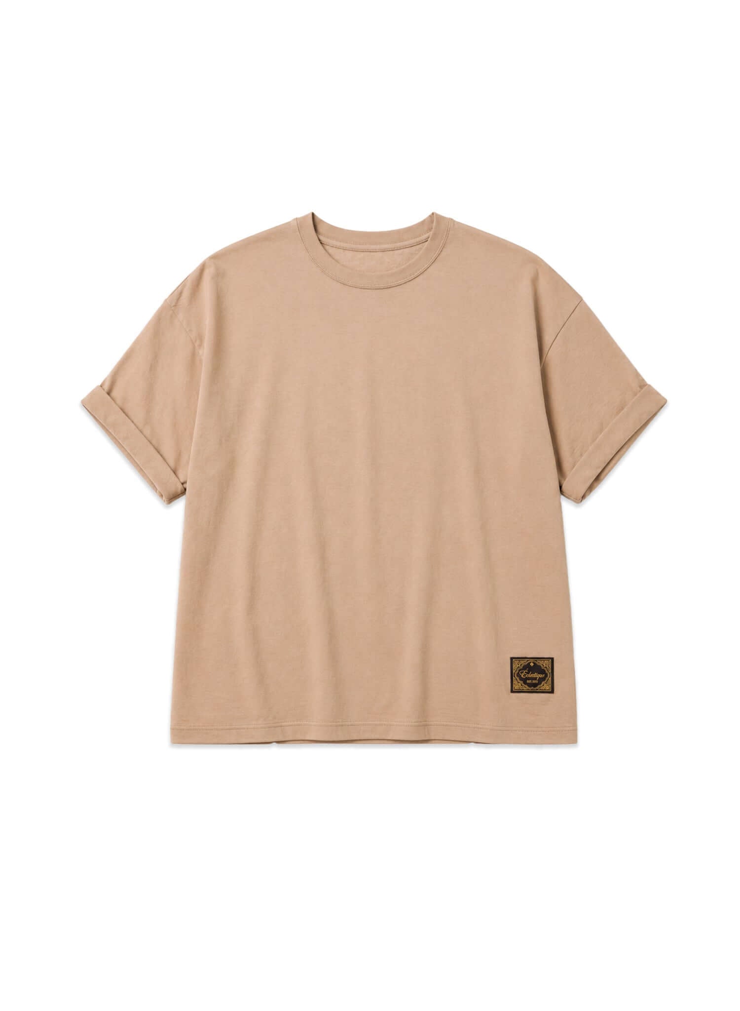 Japanese Made Essential Cotton T-shirt in sand color, featuring a relaxed silhouette and a woven label at the hem.