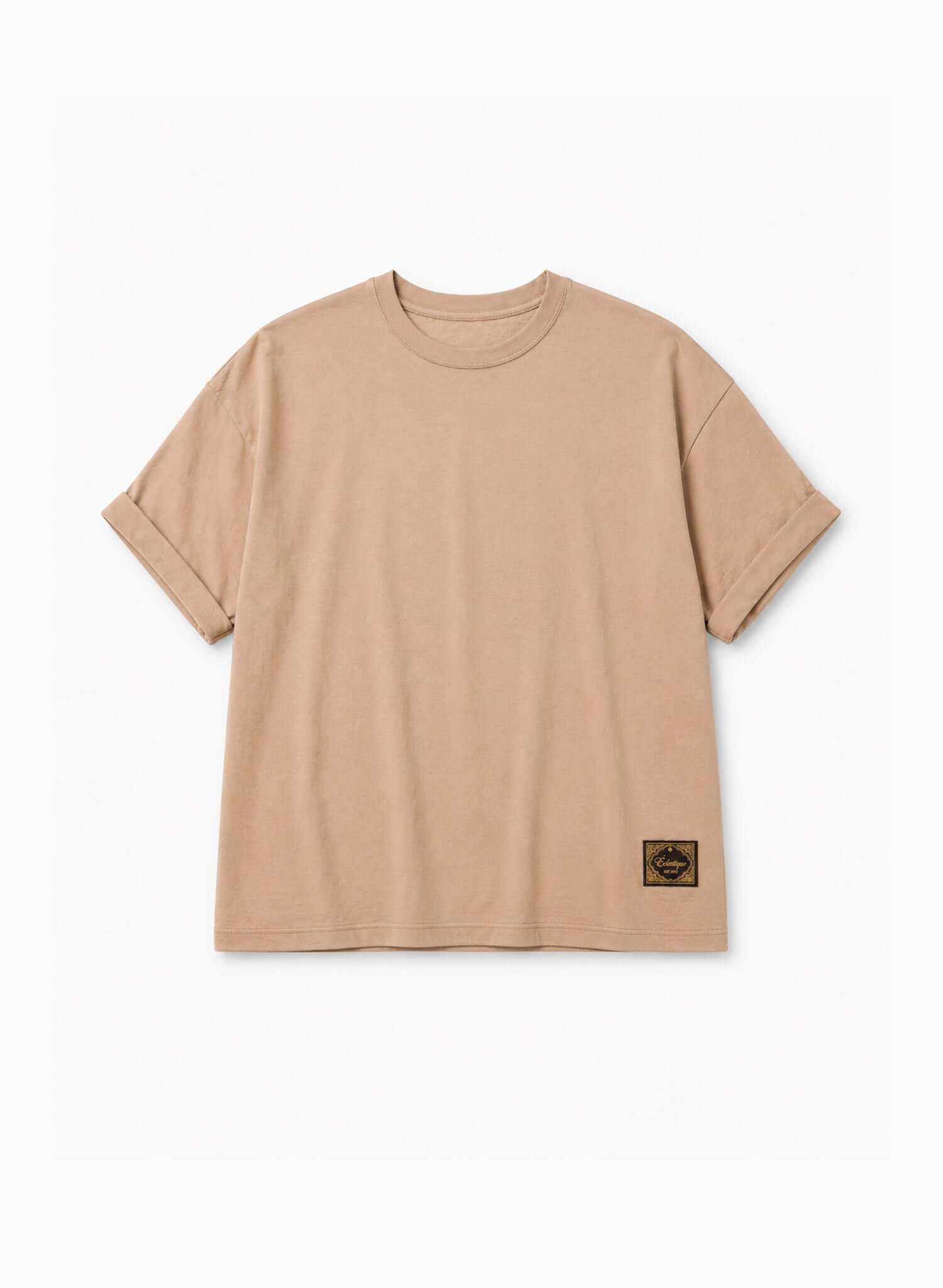 Japanese Made Essential Cotton T-shirt in sand color, featuring a relaxed silhouette and a woven label at the hem.