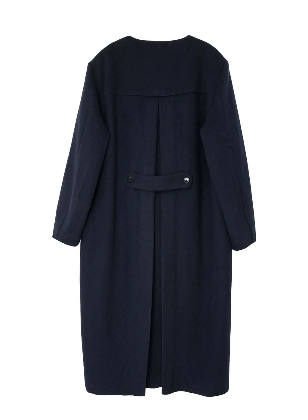 Men's navy collarless long coat – Kanso, featuring a clean silhouette and deep V-shaped neckline.