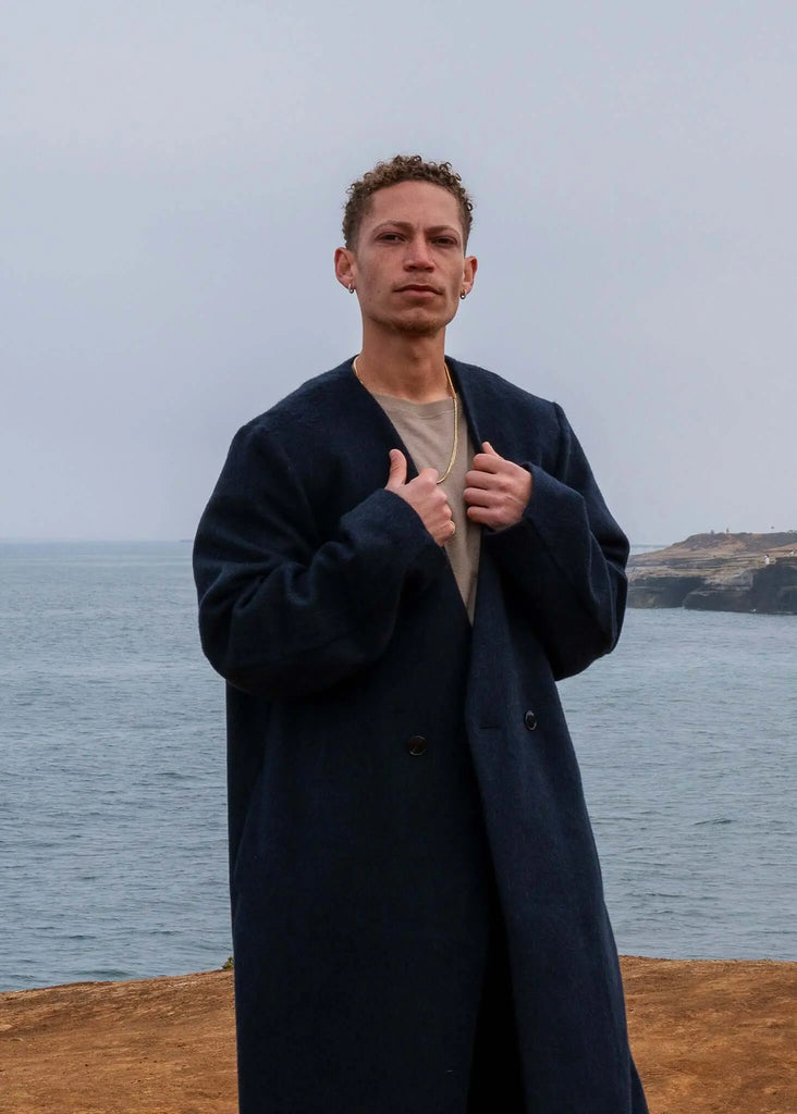 Collarless Long Coat Navy - Kanso - View 2