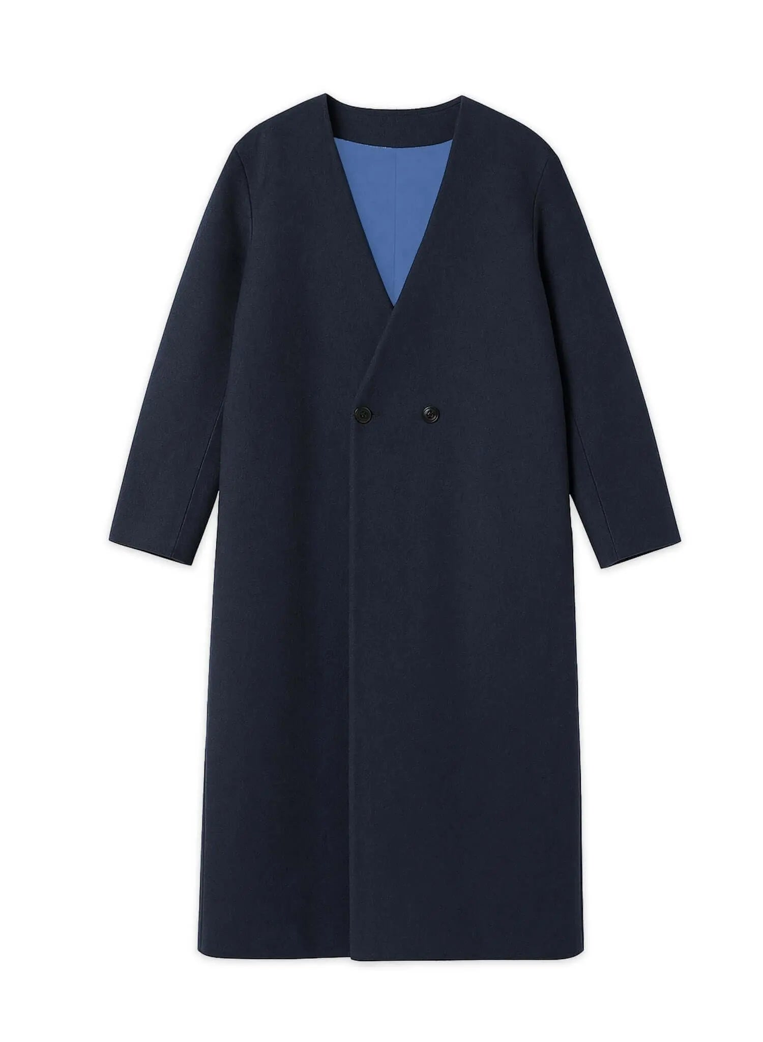 Kanso Collarless Long Coat in navy with clean lines and refined texture, showcasing minimal design.