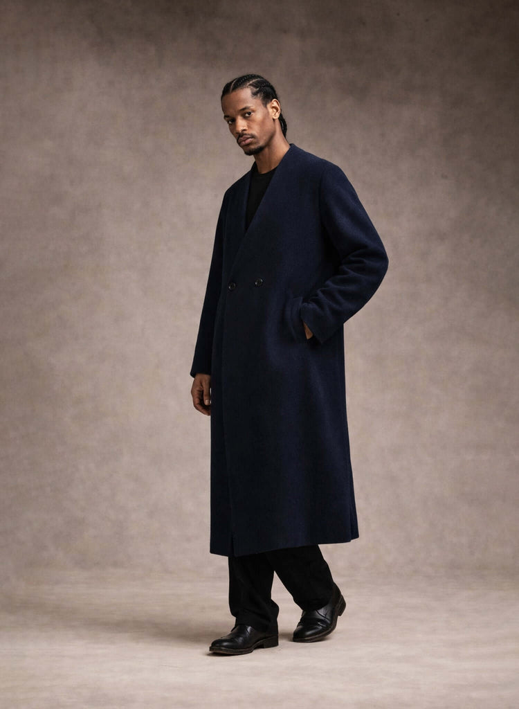 Collarless Long Coat Navy - Kanso - View 2