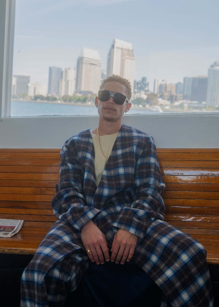 Plaid Collarless Long Coat - Kanso - View 2