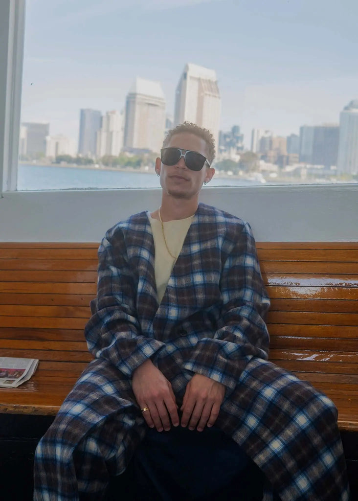 Plaid Collarless Long Coat - Kanso - View 2