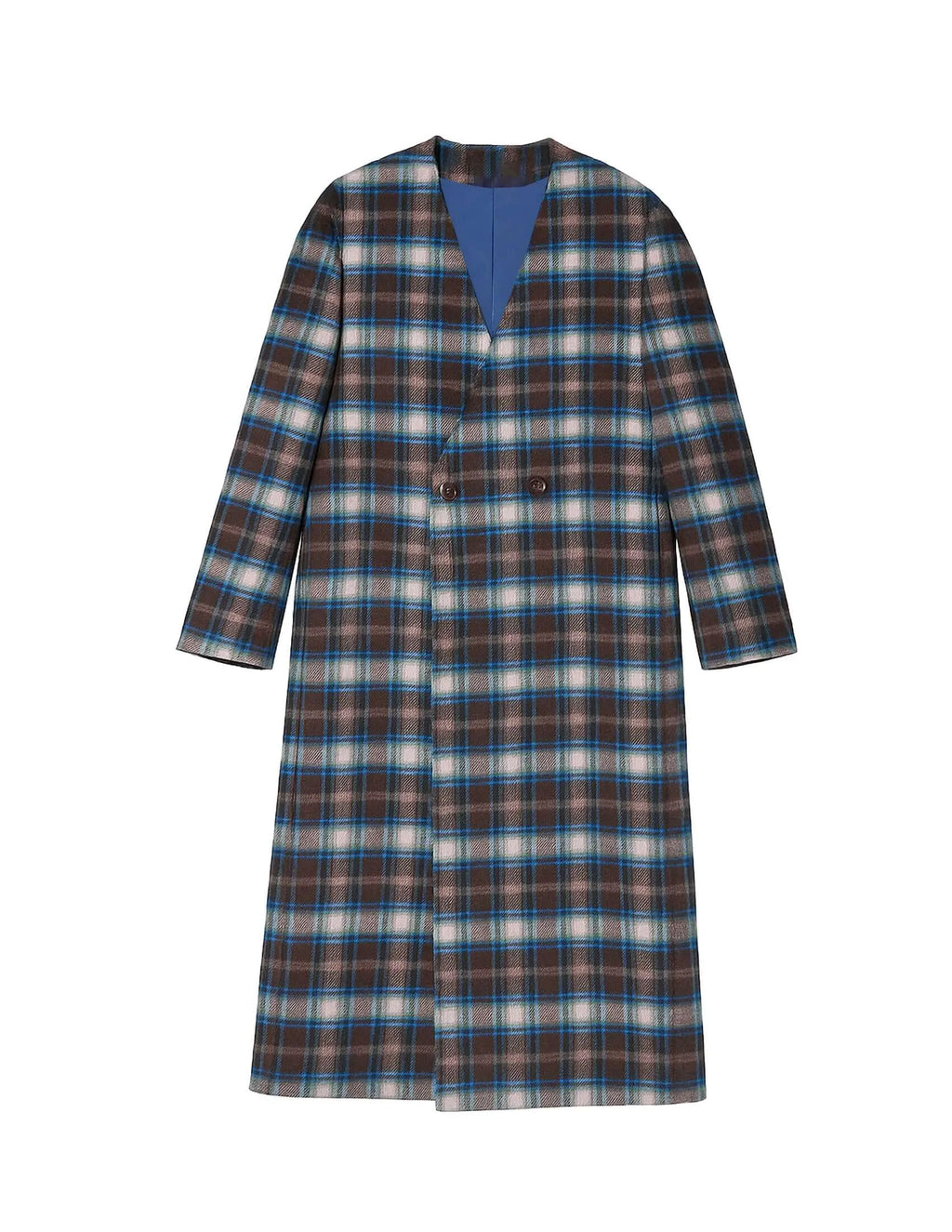Éclectique Kanso Plaid Collarless Long Coat in a stylish plaid pattern, showcasing modern tailoring and minimalist design.