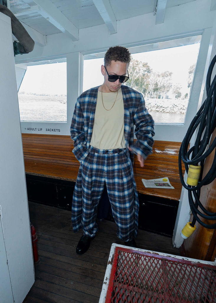 Plaid Collarless Long Coat - Kanso - View 2