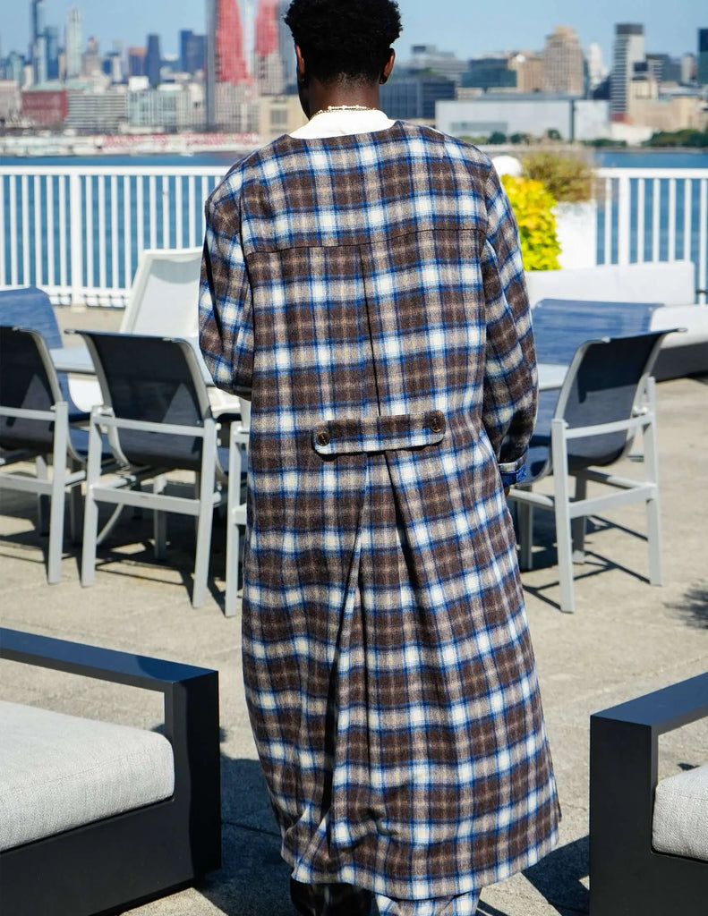 Plaid Collarless Long Coat - Kanso - View 2