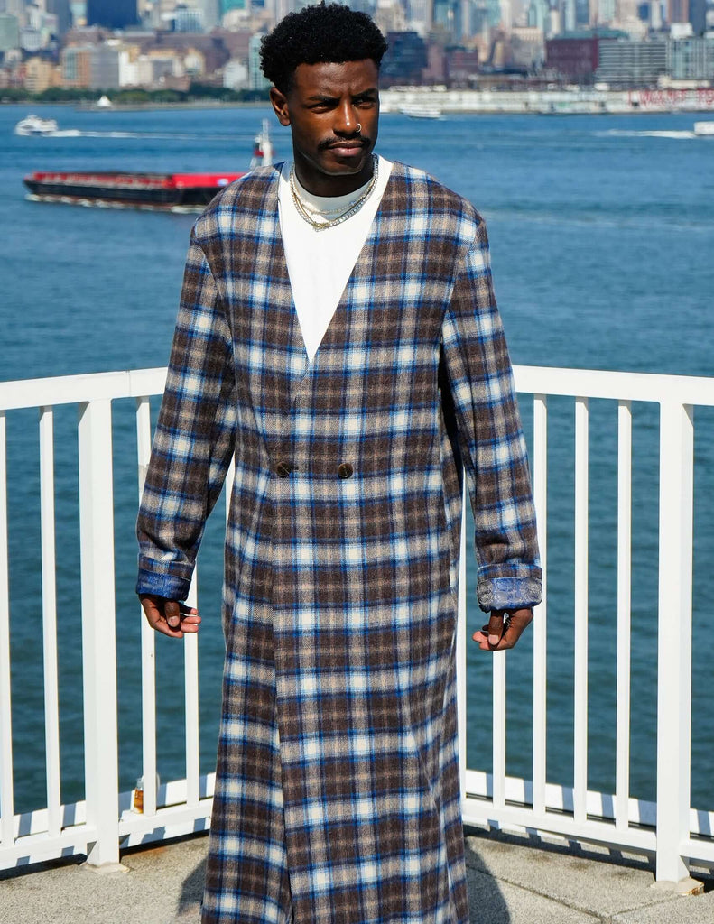 Plaid Collarless Long Coat - Kanso - View 2