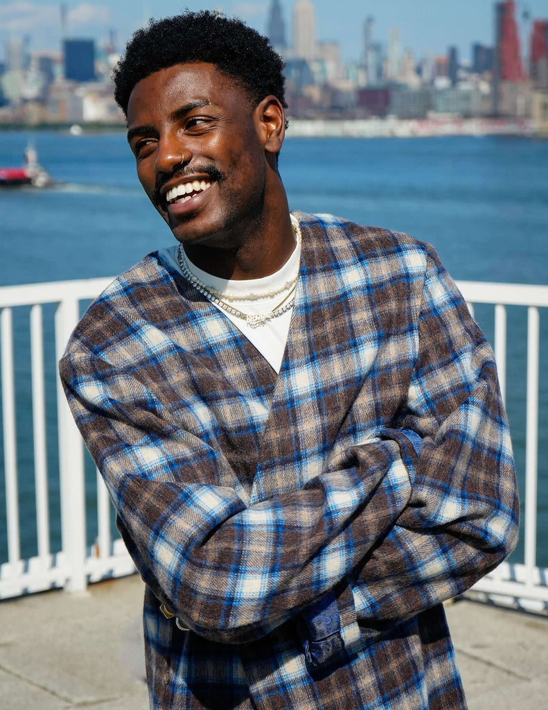 Plaid Collarless Long Coat - Kanso - View 2