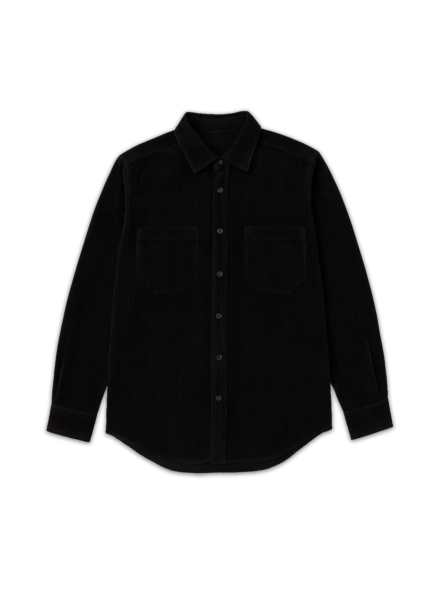 Mercer Corduroy Button-up Shirt in black color, showcasing a classic design with a button-up front and two chest pockets.