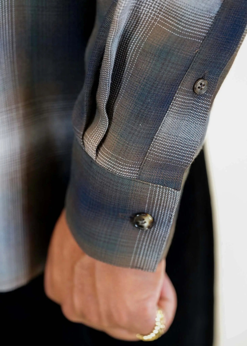 Mercer Plaid Cotton Button-Up Shirt cuff and sleeve detail close-up