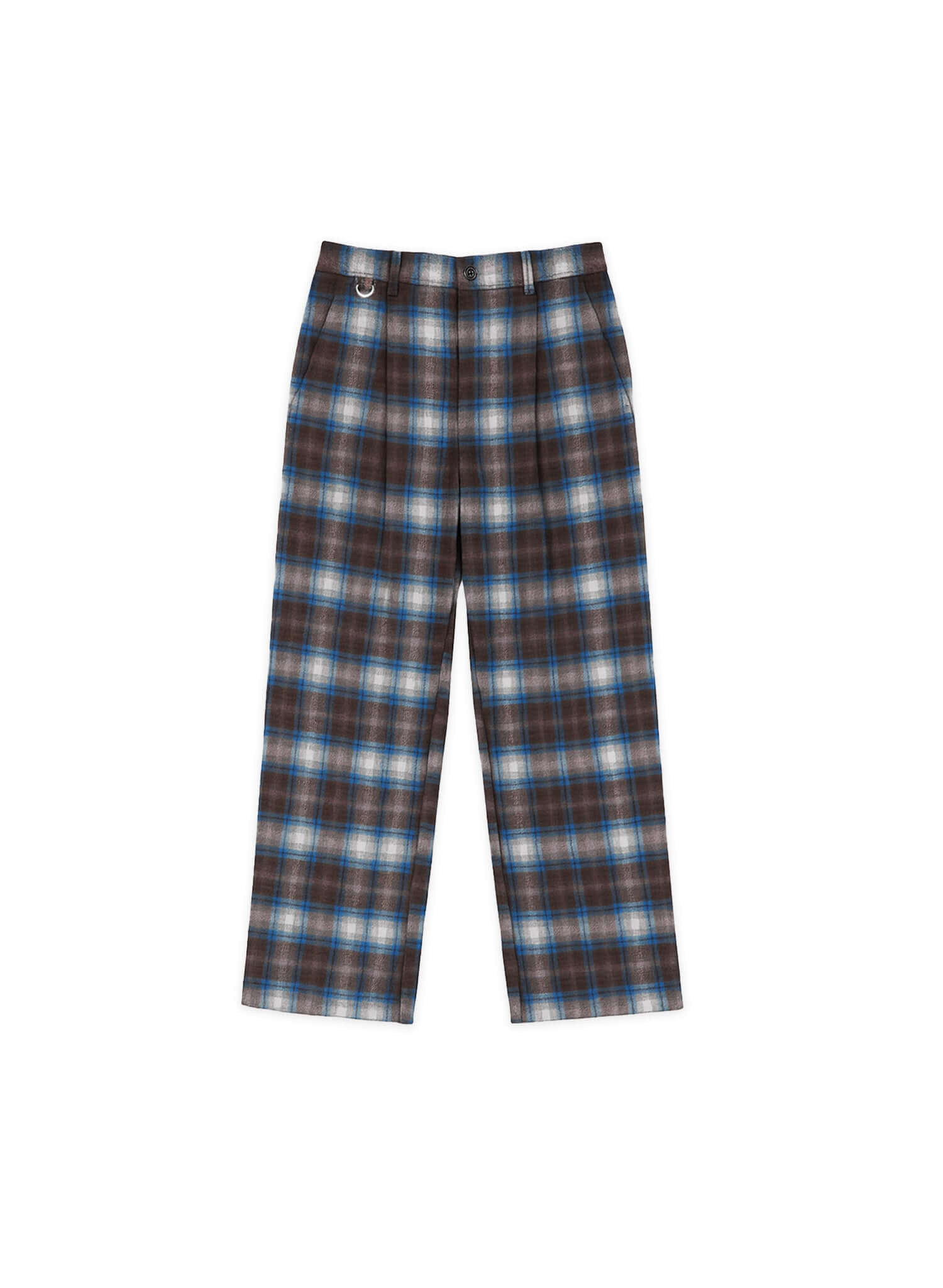 Plaid Pleated Trousers featuring a brown and blue plaid pattern with a straight fit and front pleats.