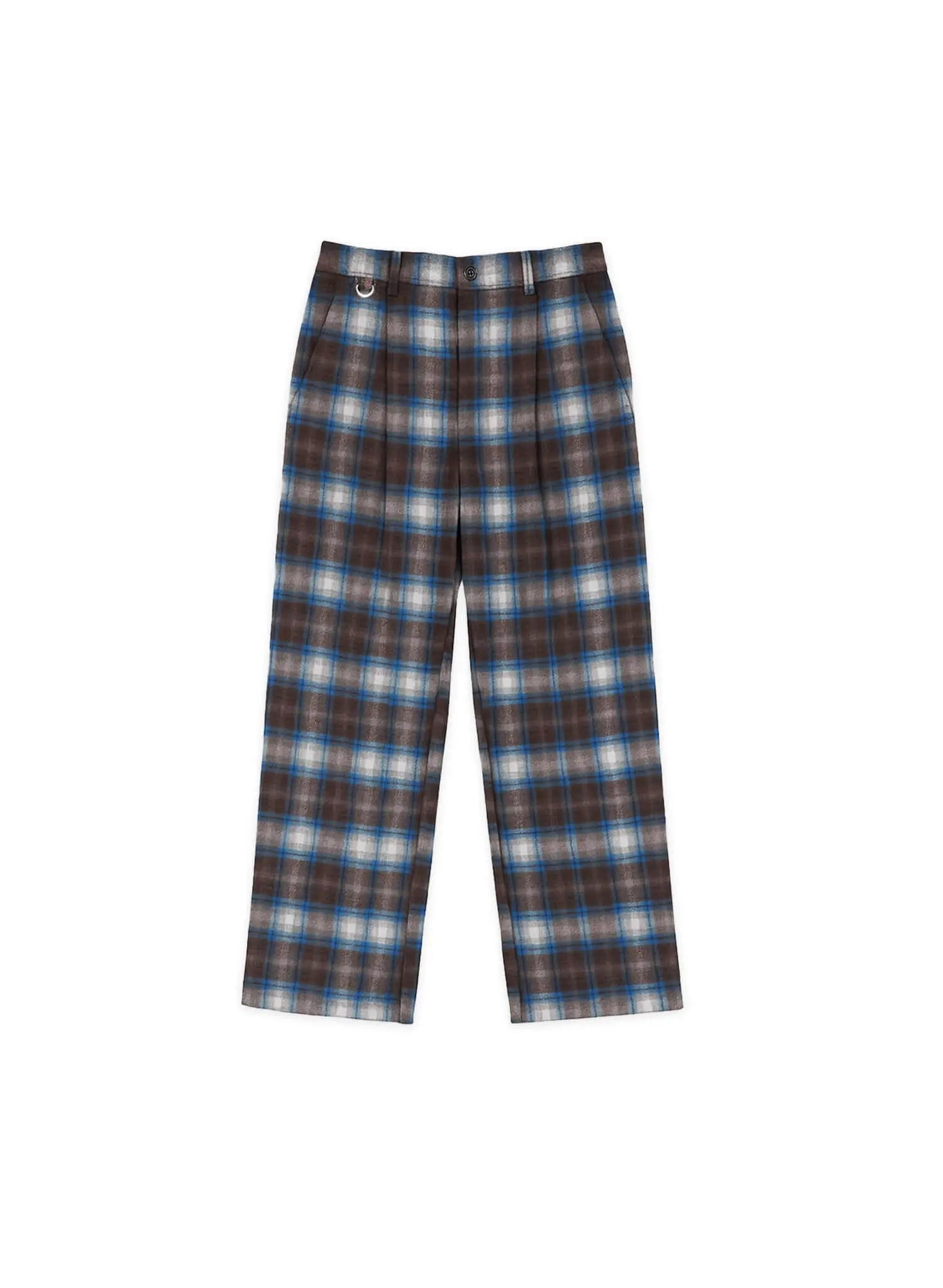 Plaid Pleated Trousers featuring a brown and blue plaid pattern with a straight fit and front pleats.