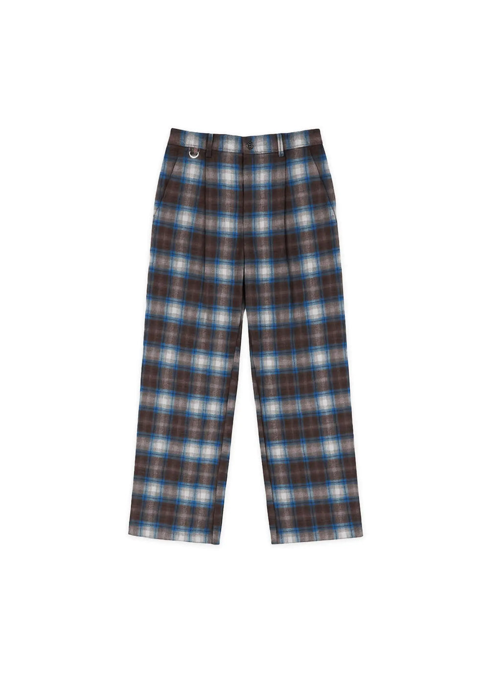 Plaid Pleated Trousers featuring a brown and blue plaid pattern with a straight fit and front pleats.