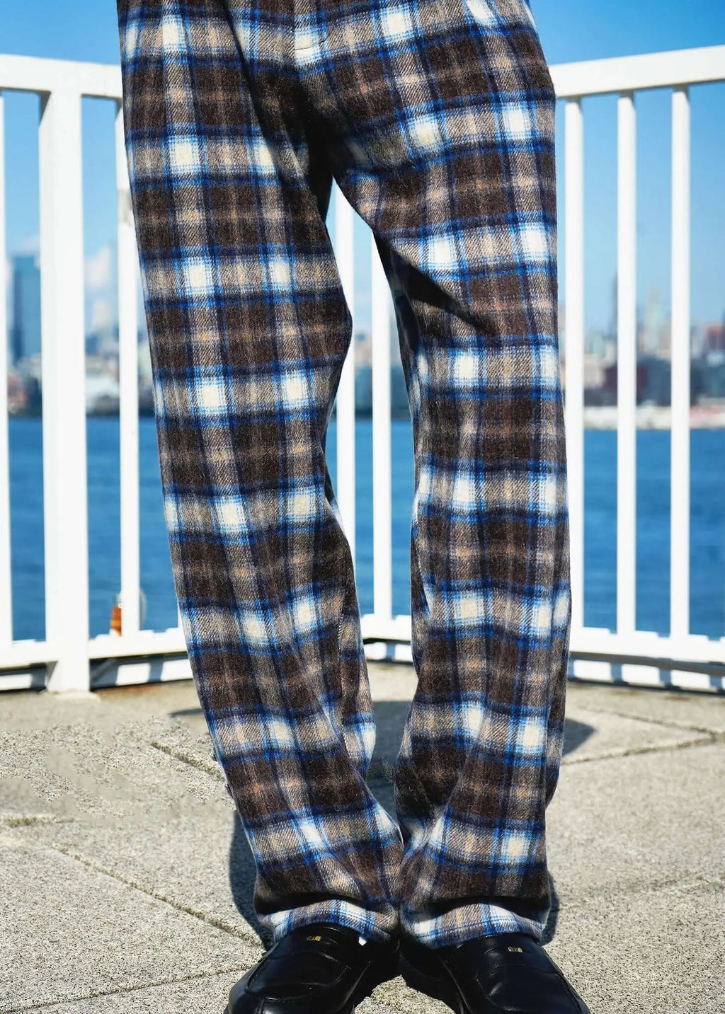 Plaid Pleated Trousers in brown and blue, displayed against a waterfront background.