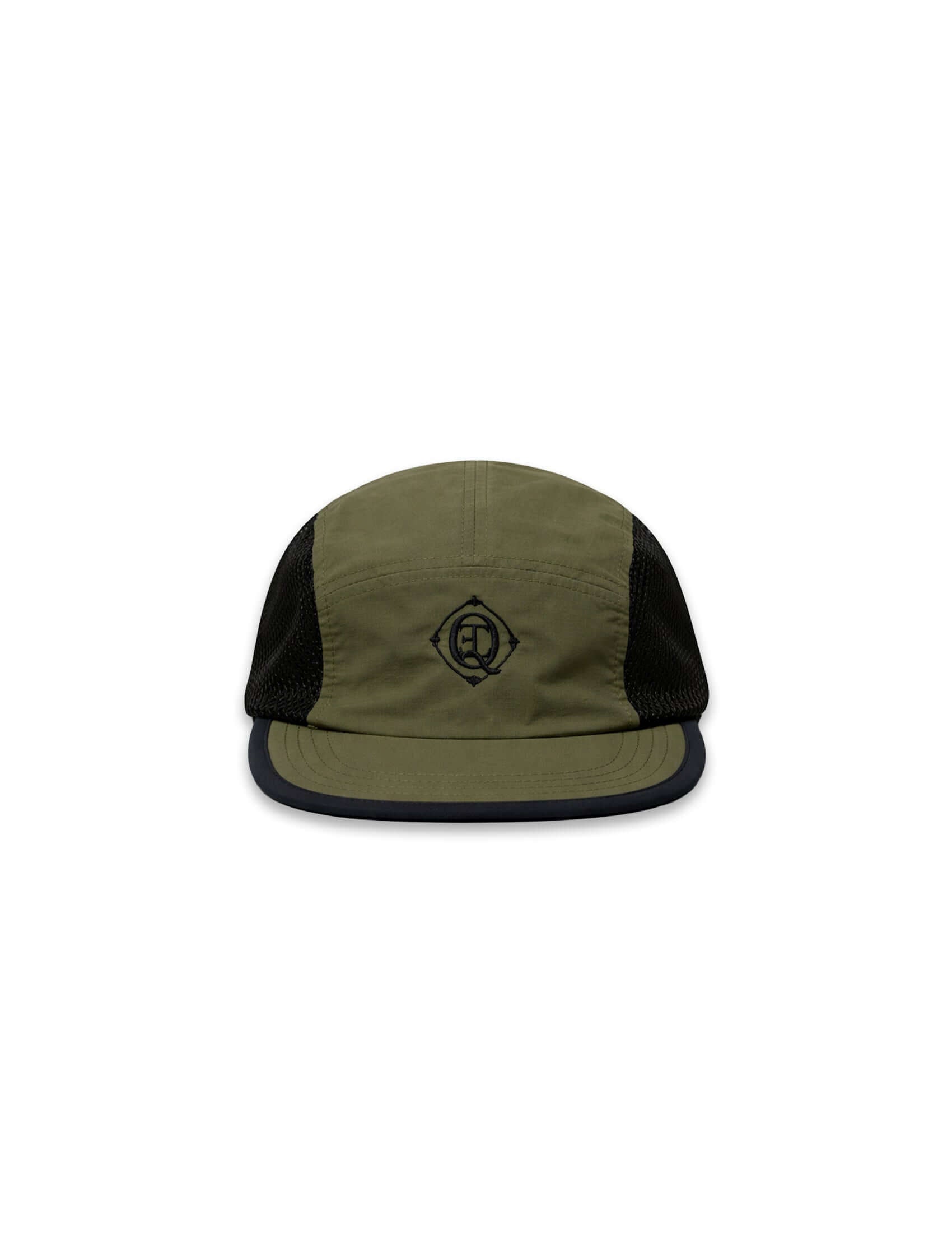 Monogram Performance Mesh Cap Olive with black mesh sides and Éclectique monogram logo on the front.