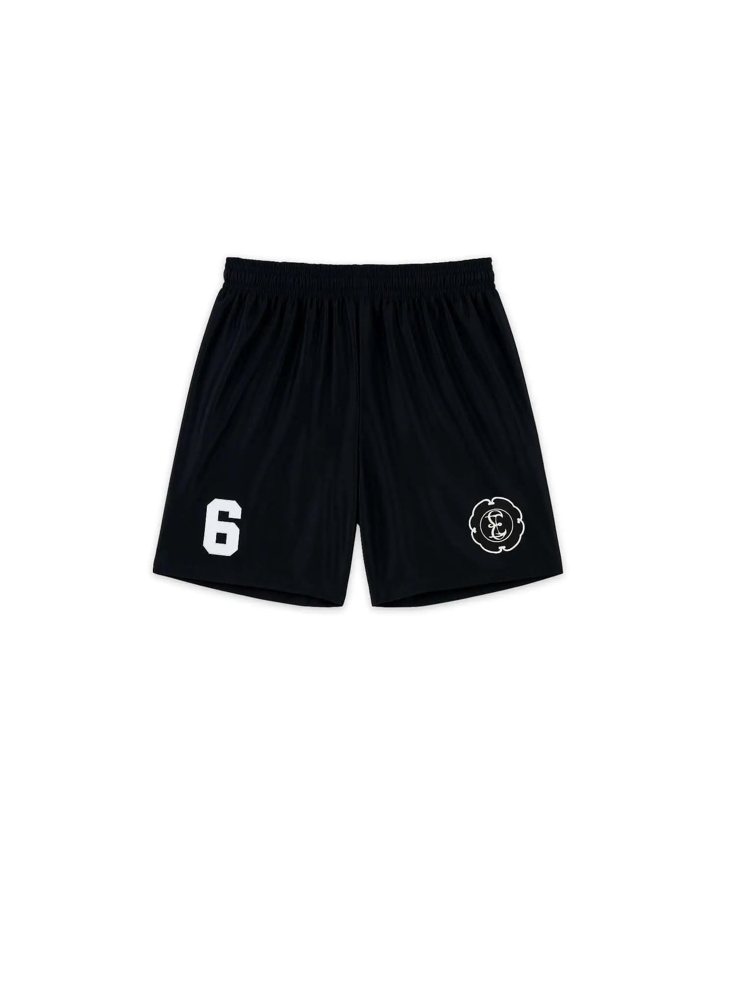 Men's black soccer shorts featuring a number 6 and embroidered Éclectique branding.
