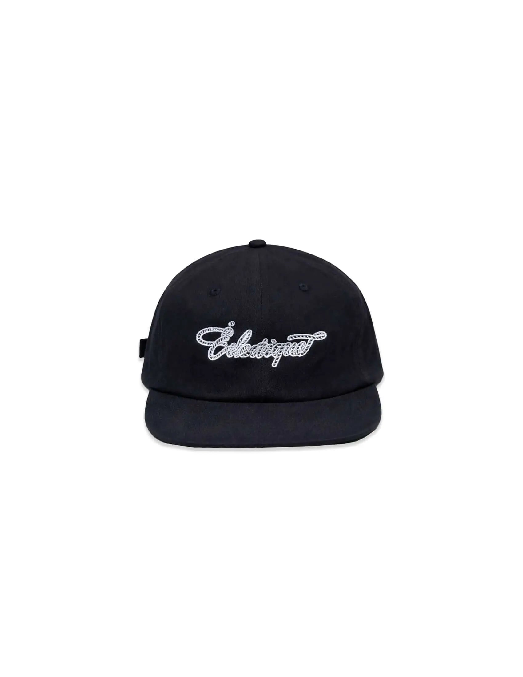 Rope script dad hat in black cotton with embroidered Éclectique script design.