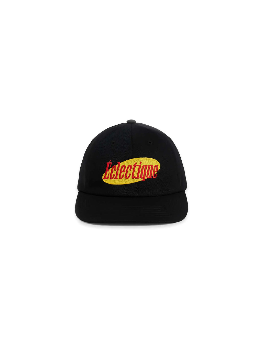 Seinfeld Vintage logo hat featuring an embroidered Éclectique logo on a black 6 panel unstructured cap.