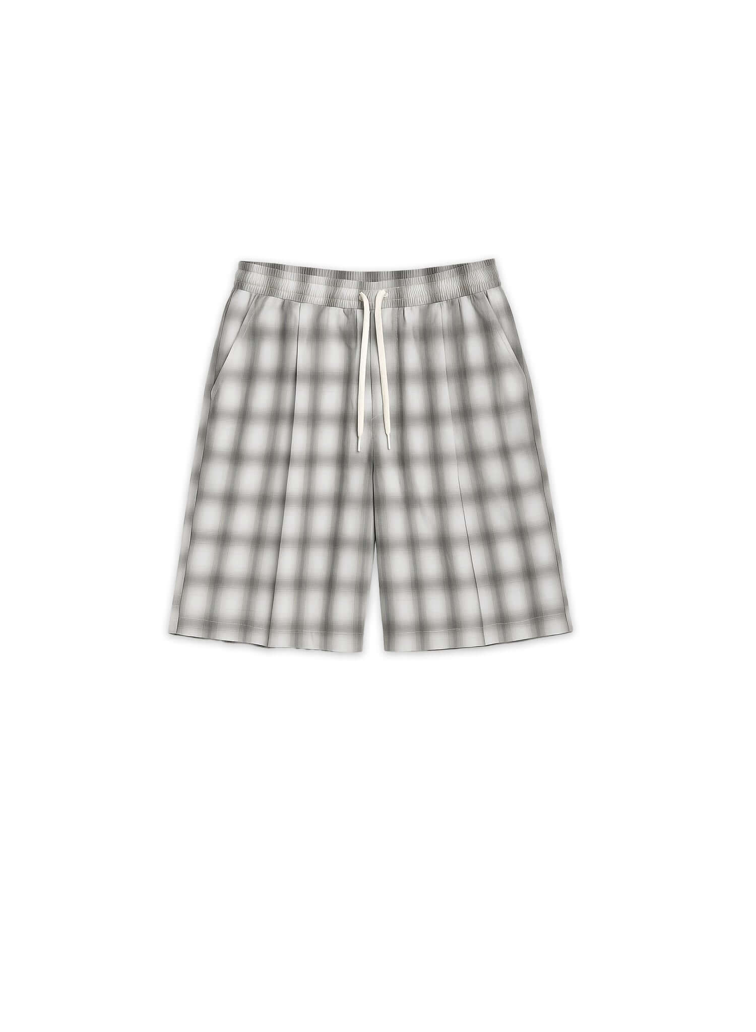 Tailored monotone plaid shorts with cream drawstring, front pleats, and four pockets for a refined silhouette.