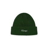 Green fisherman beanie by Éclectique featuring white logo embroidery and 58cm circumference.