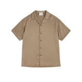 front view of beige silk bowling shirt in 100% silk