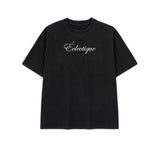 Script logo t-shirt in acid-wash black featuring relaxed boxy fit and ribbed crewneck.