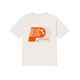 Running graphic t-shirt featuring orange printed artwork on a relaxed fit white tee.