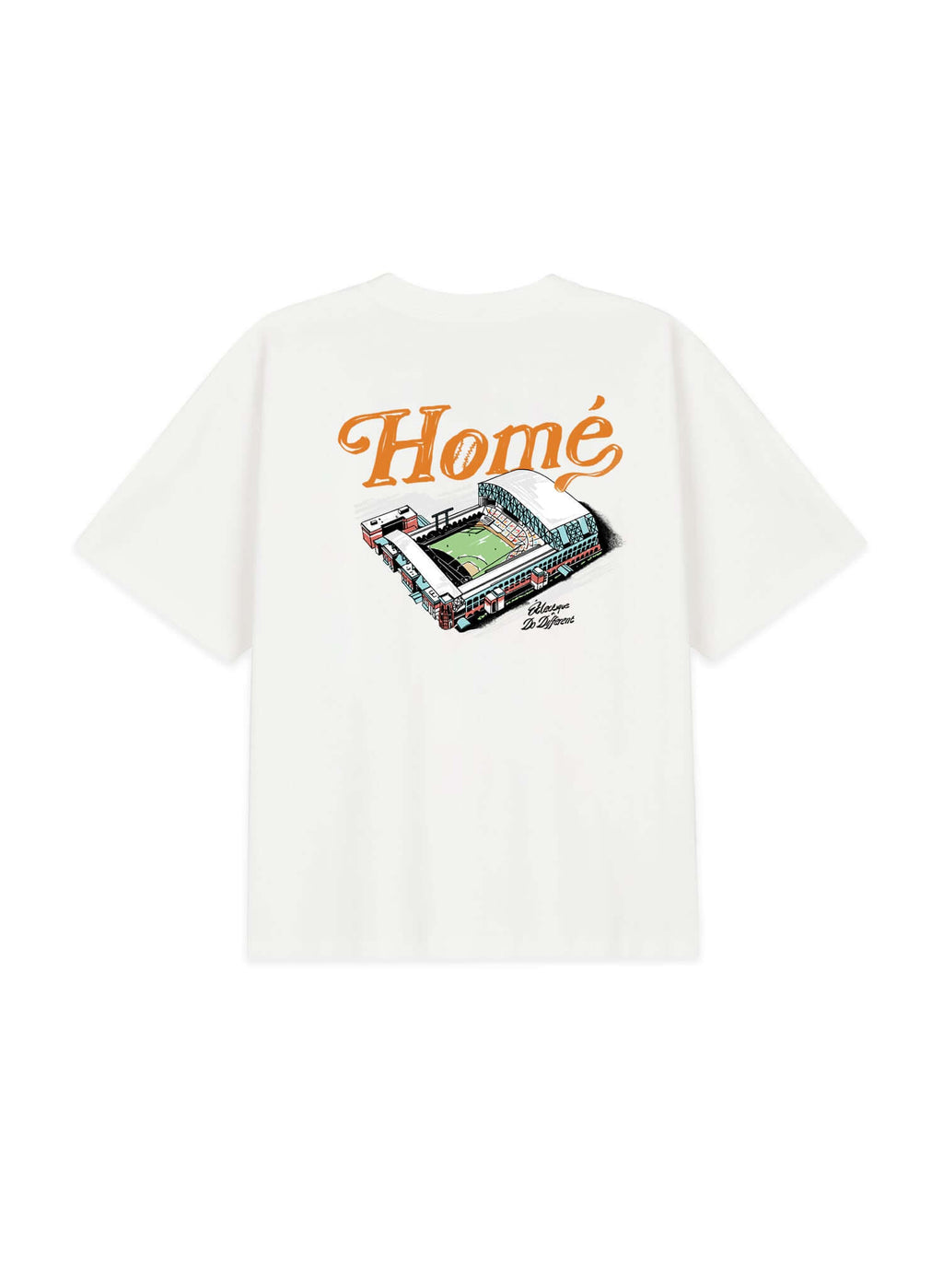 Home collaboration t-shirt featuring a playful 'Home' graphic with a vibrant illustration on a white fabric