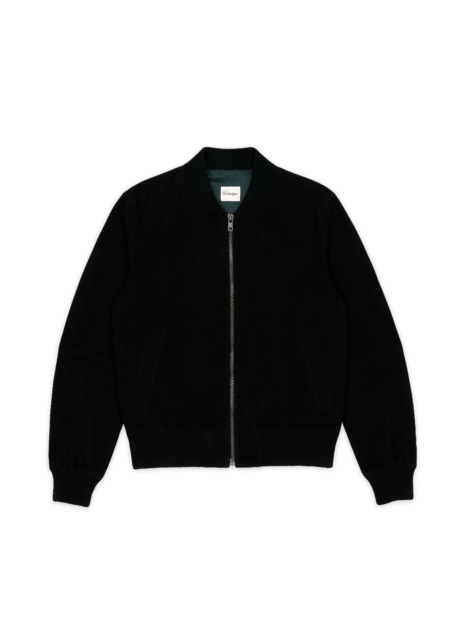 Éclectique Italian suede bomber jacket in black flat lay front view