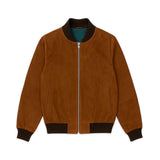 Éclectique Italian suede bomber jacket in brown flat lay front view