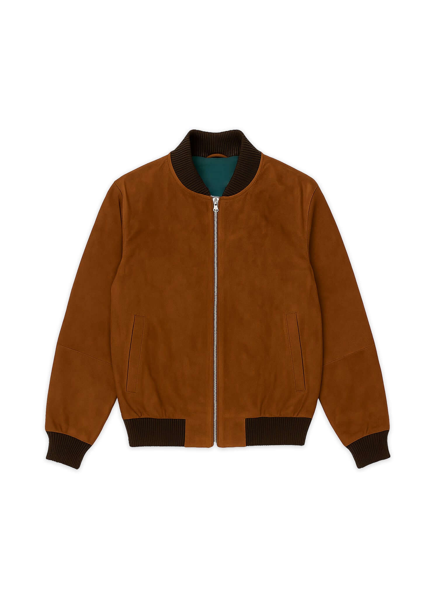 Éclectique Italian suede bomber jacket in brown flat lay front view