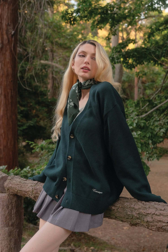 Green V Neck Cardigan in Scarab - View 2