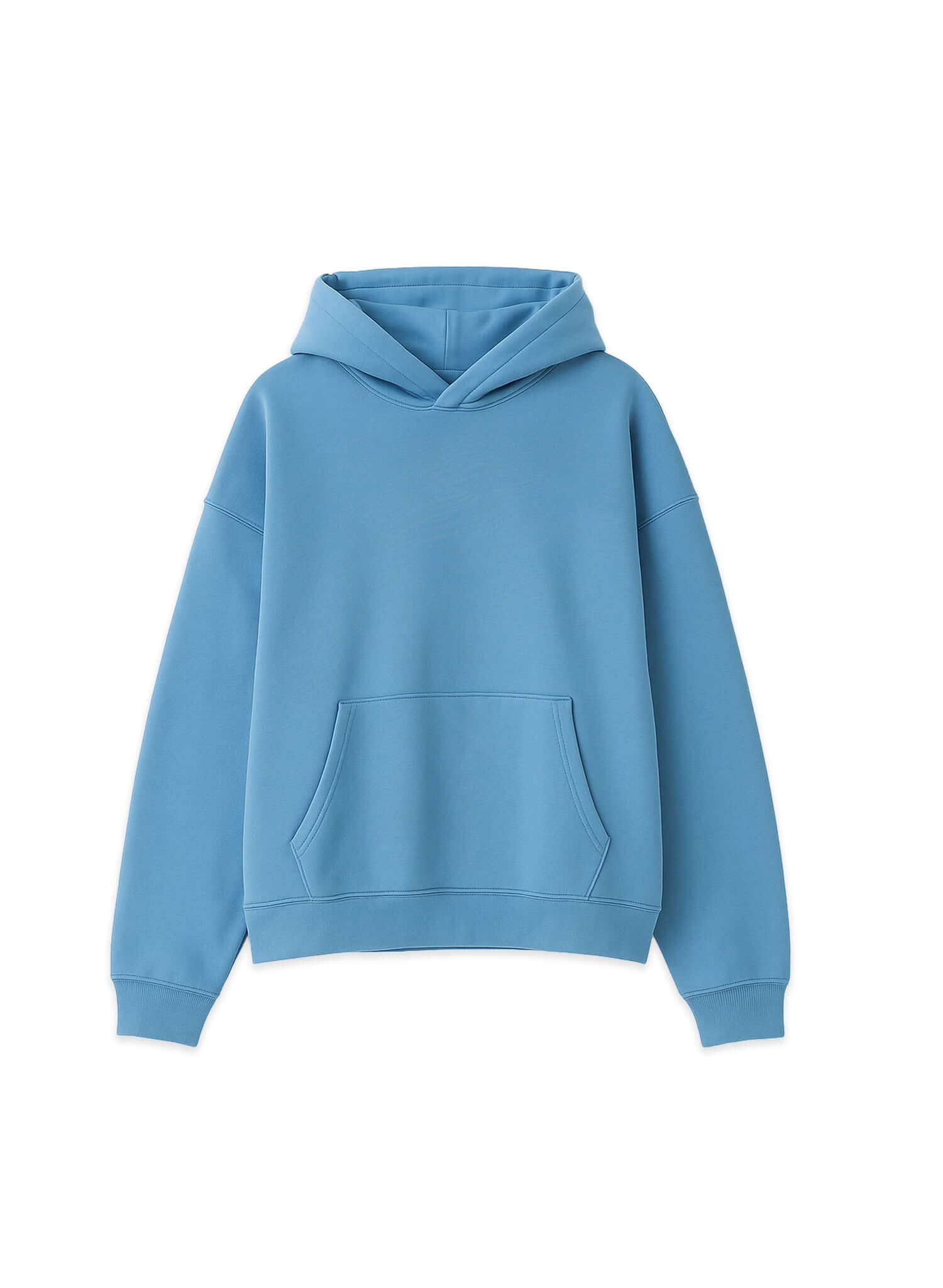Lightweight terry hoodie in a soft blue color, featuring a front pocket and a relaxed fit for everyday wear.