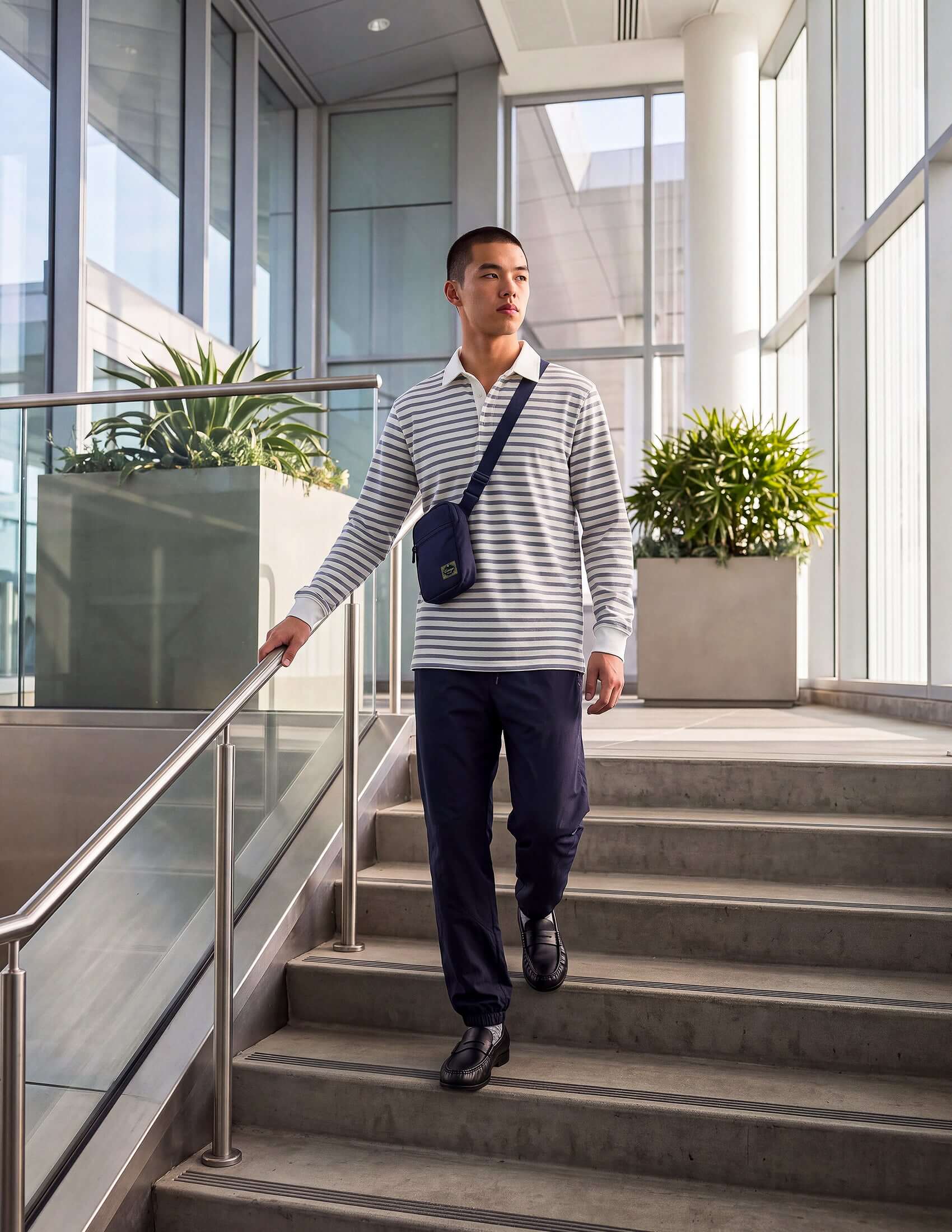Model wearing a men's striped long sleeve rugby shirt, paired with navy pants and a bag, walking down stairs in a modern setting.
