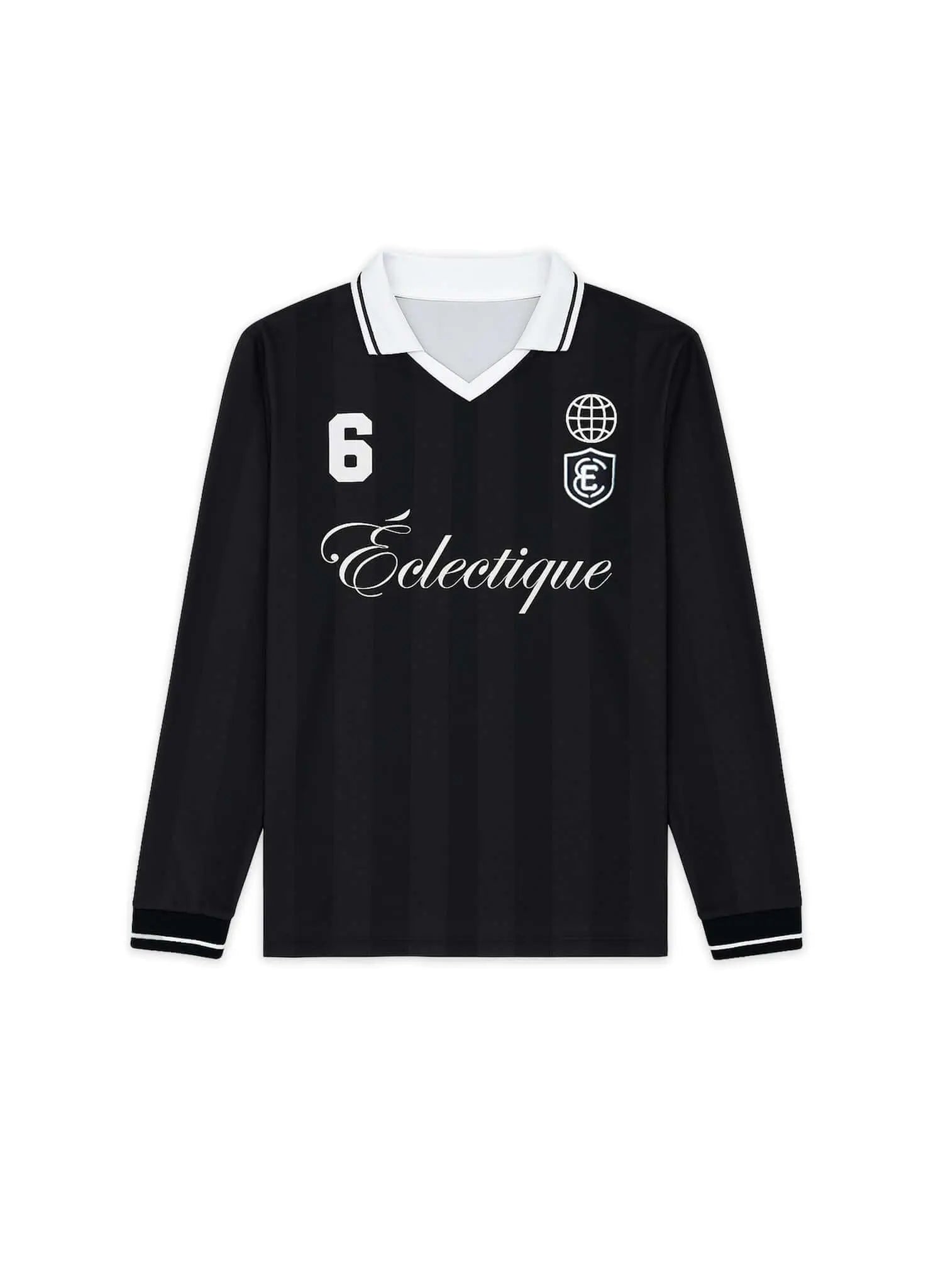 Men's long sleeve soccer jersey in black with tonal stripes and Éclectique branding.