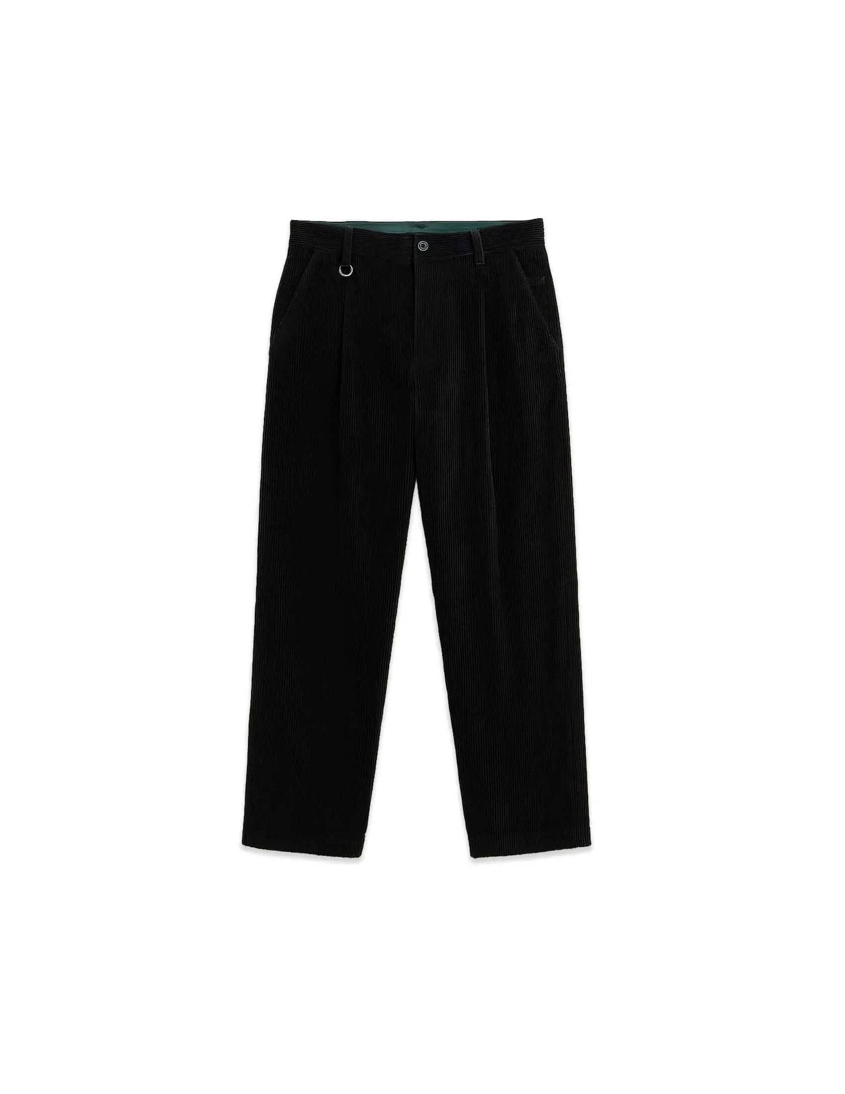 Pleated Corduroy Trousers in black showcasing tailored pleats and a relaxed silhouette.