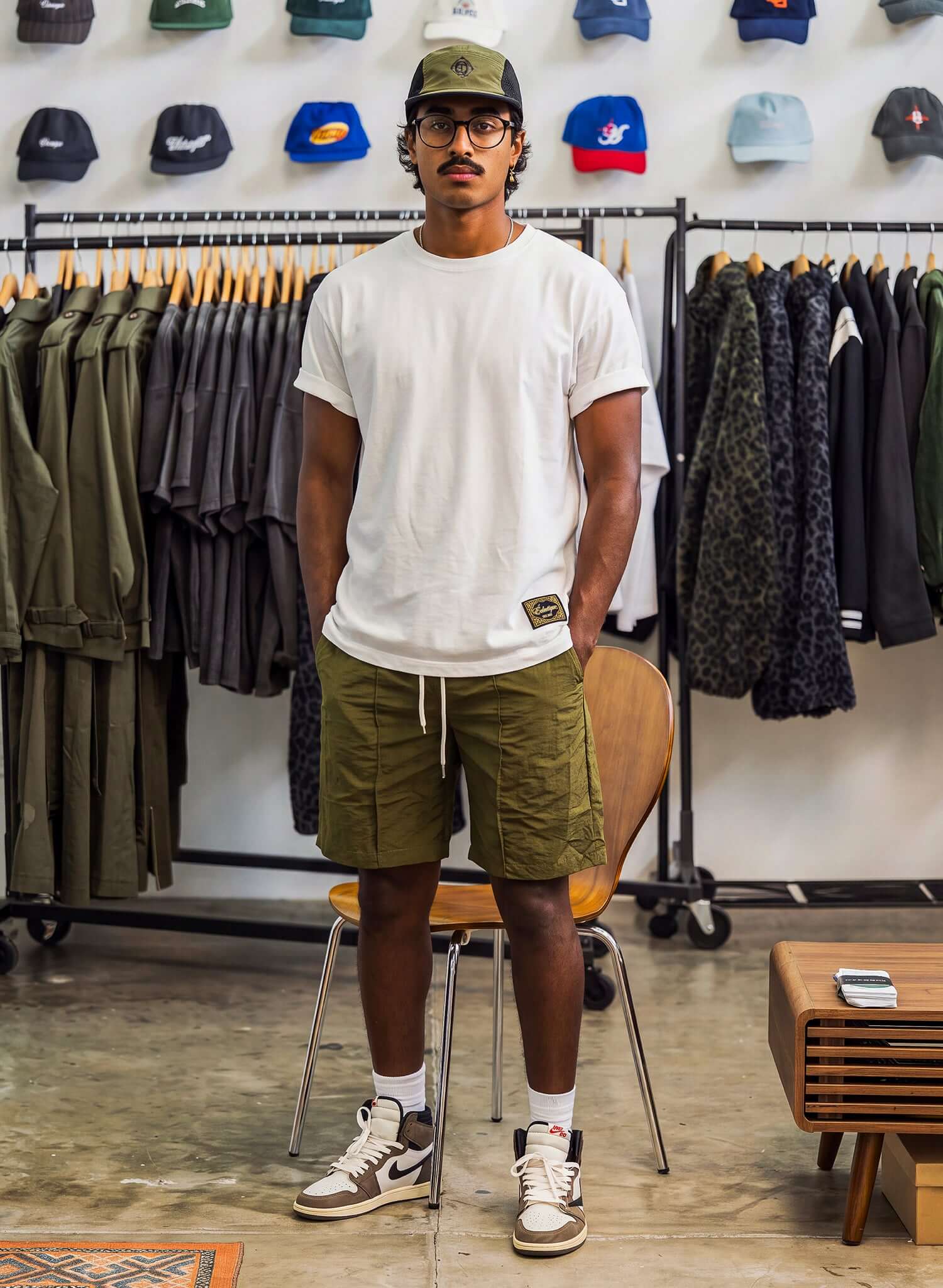 Japanese Made Essential Cotton T-shirt worn by a model with olive green shorts and a cap in a stylish clothing store.