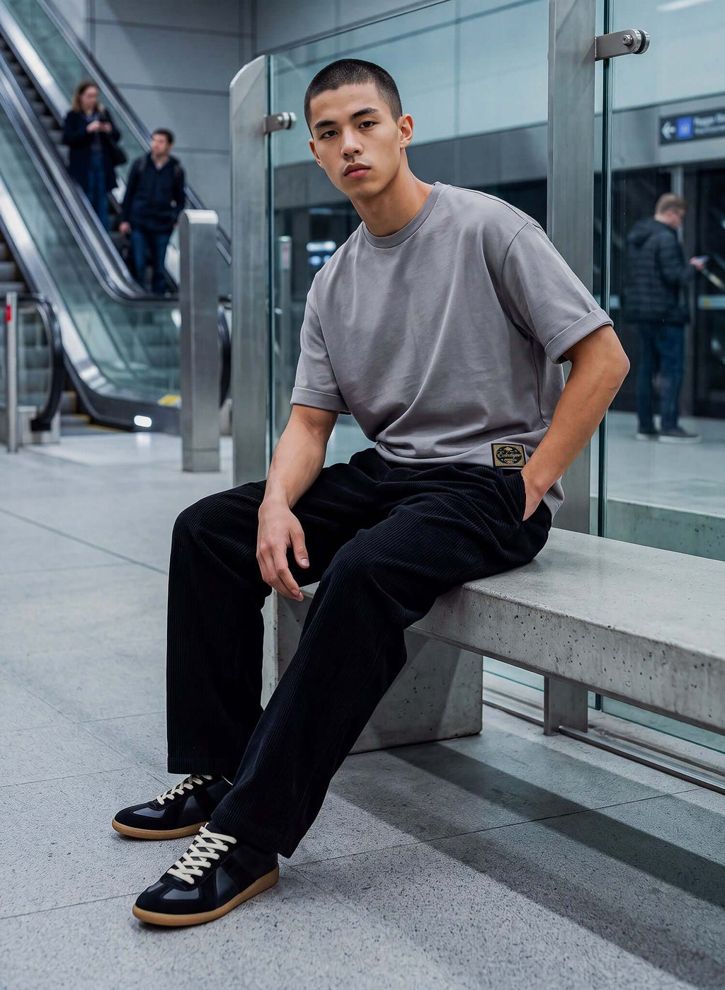 Men's Dolphin Grey Cotton T-shirt worn by a young man sitting on a bench in a modern transit station.