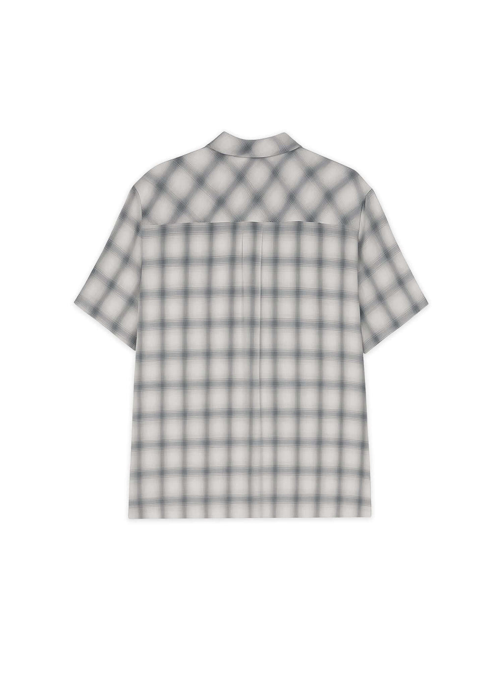 Back view of the monotone plaid button-up shirt showcasing its modern design and tonal pattern.