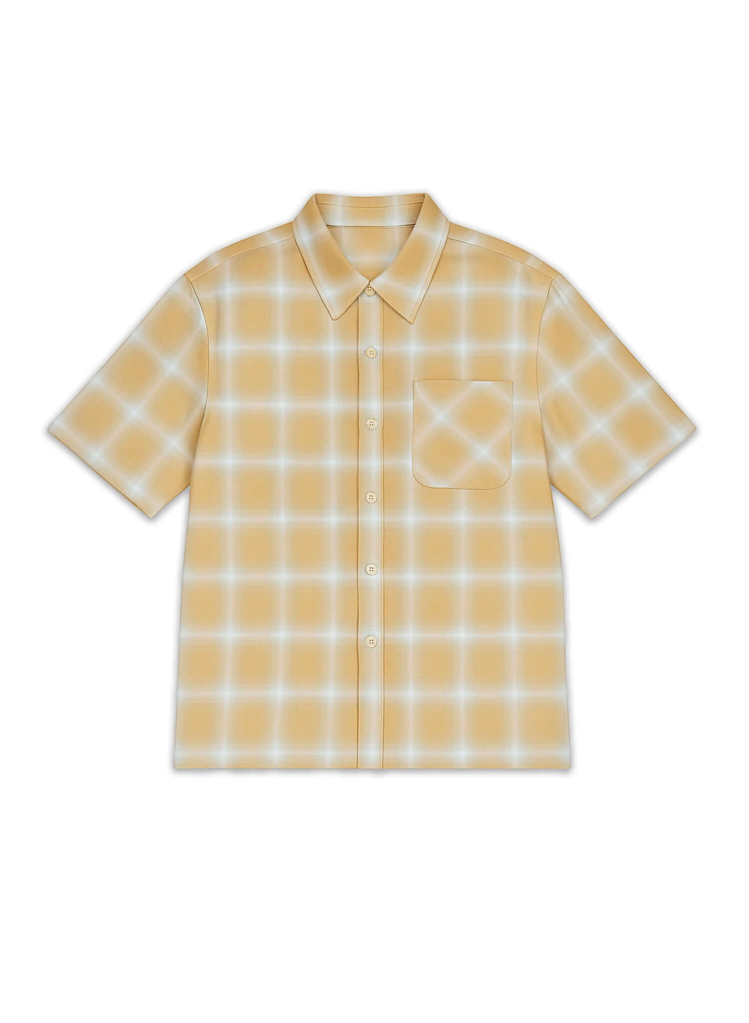 Ombre plaid shirt in yellow featuring a soft gradient pattern with a button-down collar and chest pocket.