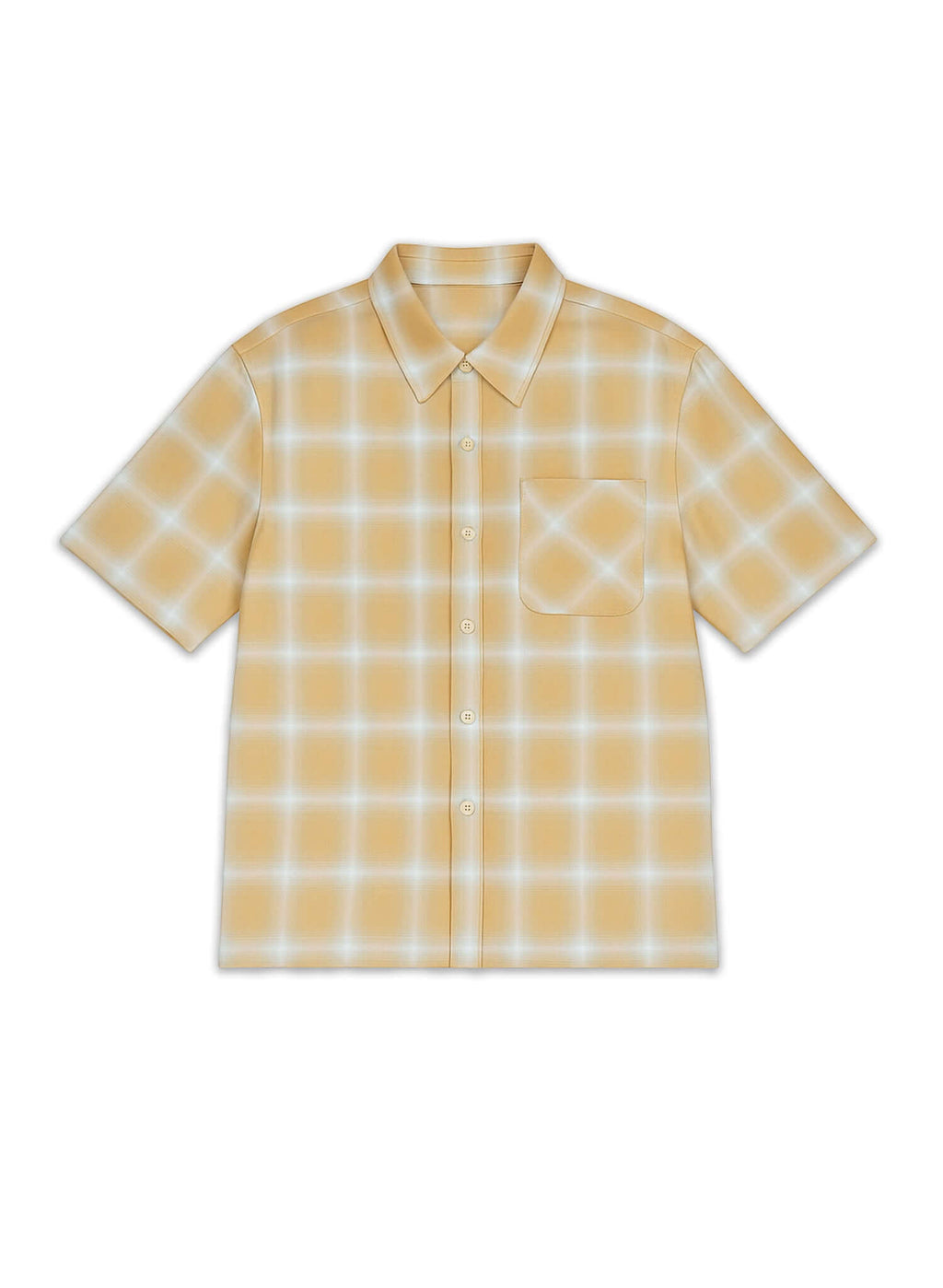 Ombre plaid shirt in yellow featuring a soft gradient pattern with a button-down collar and chest pocket.