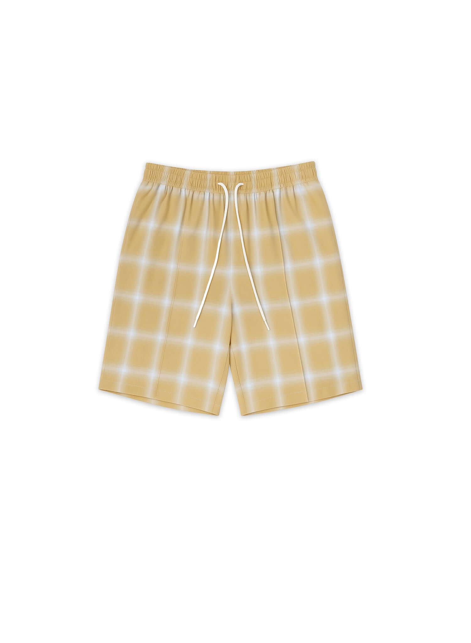 Ombre plaid shorts in yellow from Éclectique, featuring a relaxed fit and woven fabric for summer wear.