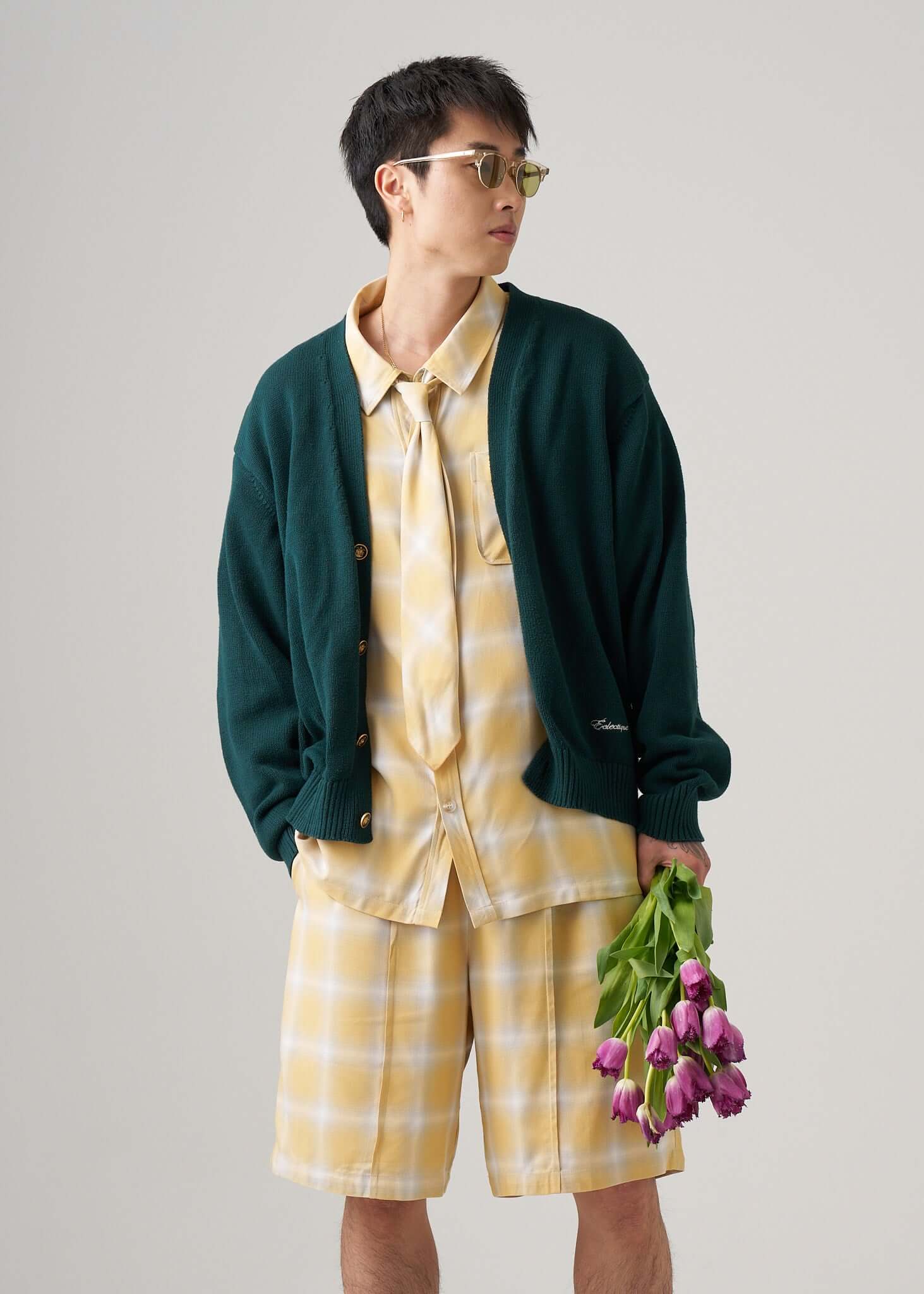 Yellow ombre plaid tie styled with tailored shirting