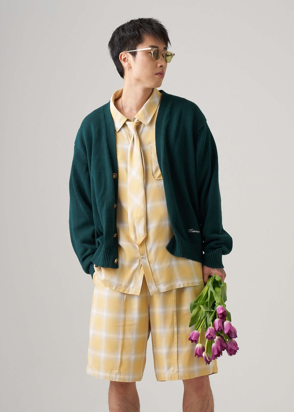 Yellow ombre plaid tie styled with tailored shirting