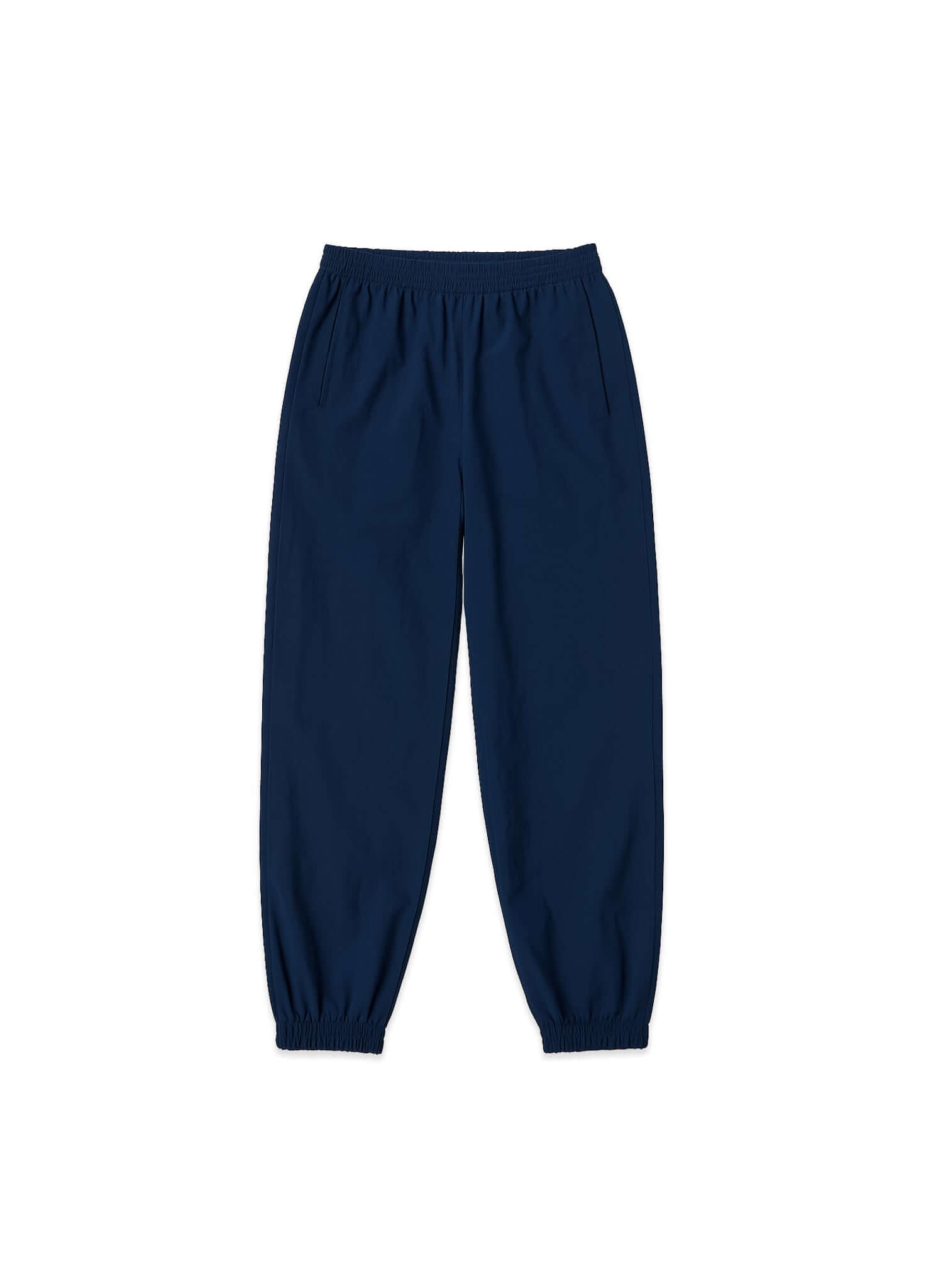 Reversible Windbreaker Pants in navy blue, featuring elastic waistband and tapered cuffs for comfort and versatility.