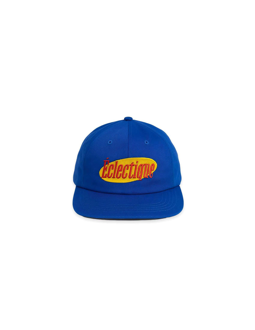 Seinfeld vintage logo hat in royal blue with embroidered Éclectique logo, featuring a curved brim and adjustable strap.